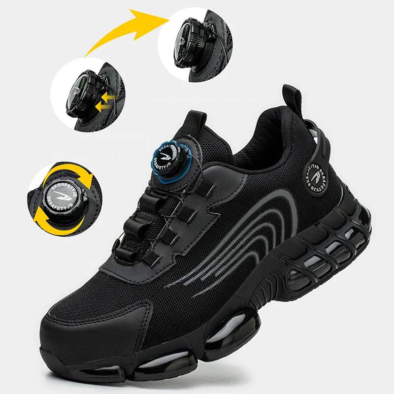 Safety and protection shoes with rotating button lace